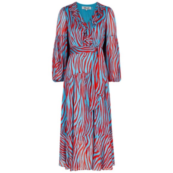 🌟SUPER SALE🌟 Diane Von Furstenberg JAXSON RUFFLED PRINTED CREPE DE CHINE DRESS - Picture 2 of 10